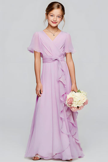 Violet en mousseline de soie col en V trapèze longue robe de demoiselle d’honneur junior à manches courtes
